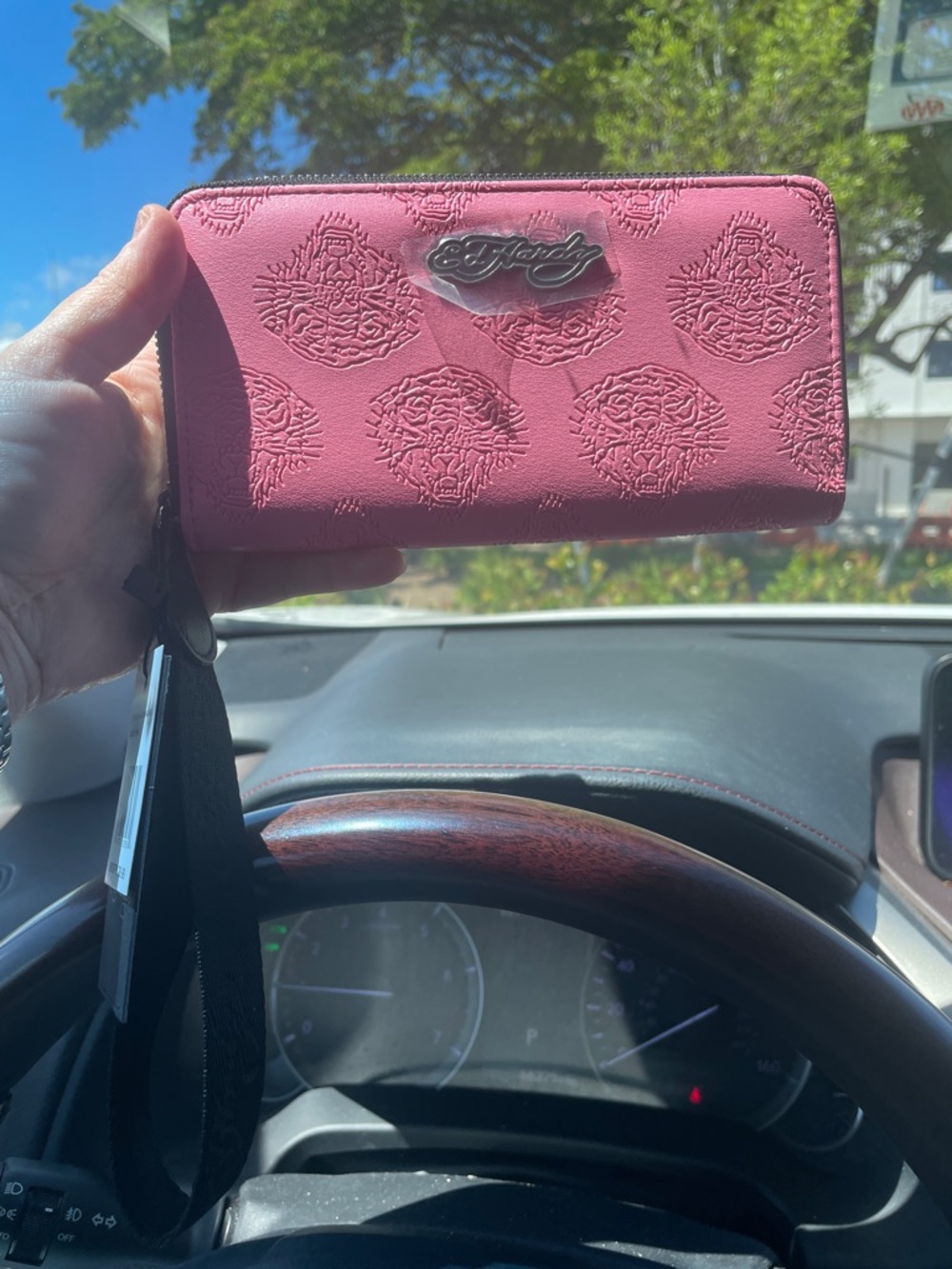 Ed Hardy Pink Embossed Zip Wallet with Wrist Strap - Picture 4 of 8